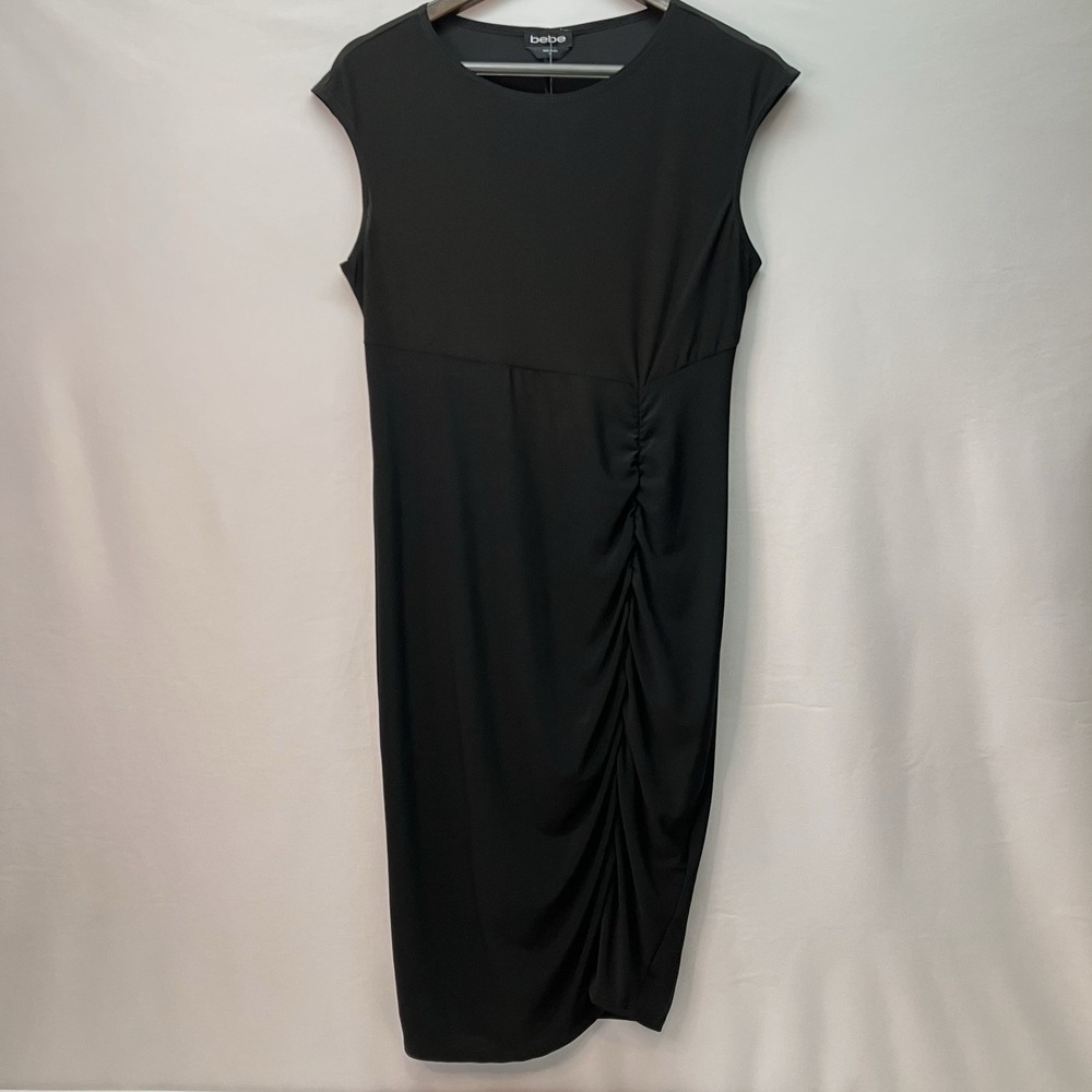 BEBE Womens Black Ruched Midi‎ Sleeveless Bodycon Midi Dress Size XL